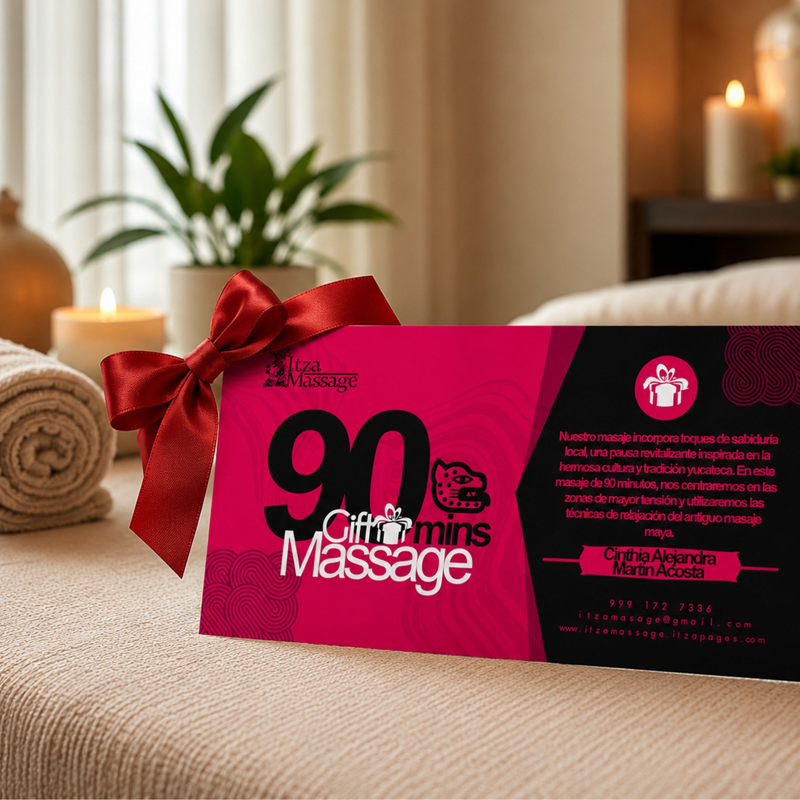 Create a photorealistic image showcasing a massage gift certificate with a prominent discount offer. The setting is a luxurious spa environment with soft lighting. The certificate is elegantly designed and prominently displays the discount percentage. The camera angle focuses on the certificate, highlighting the special offer. The textures should emphasize the quality and exclusivity of the offer. Style reference: High-end retail and spa promotional photography, 8K resolution.
