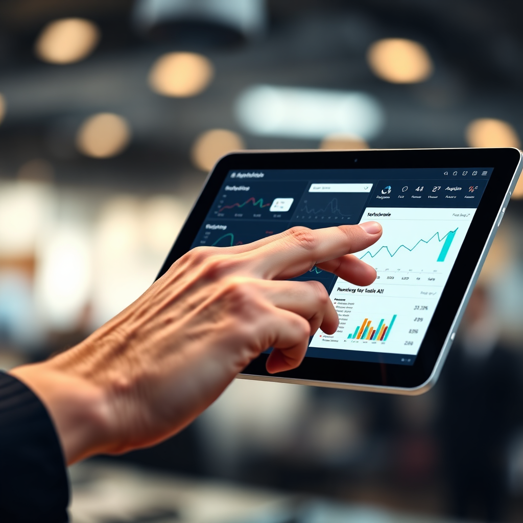 Mano utilizando una tablet para gestionar herramientas de marketing digital con IA