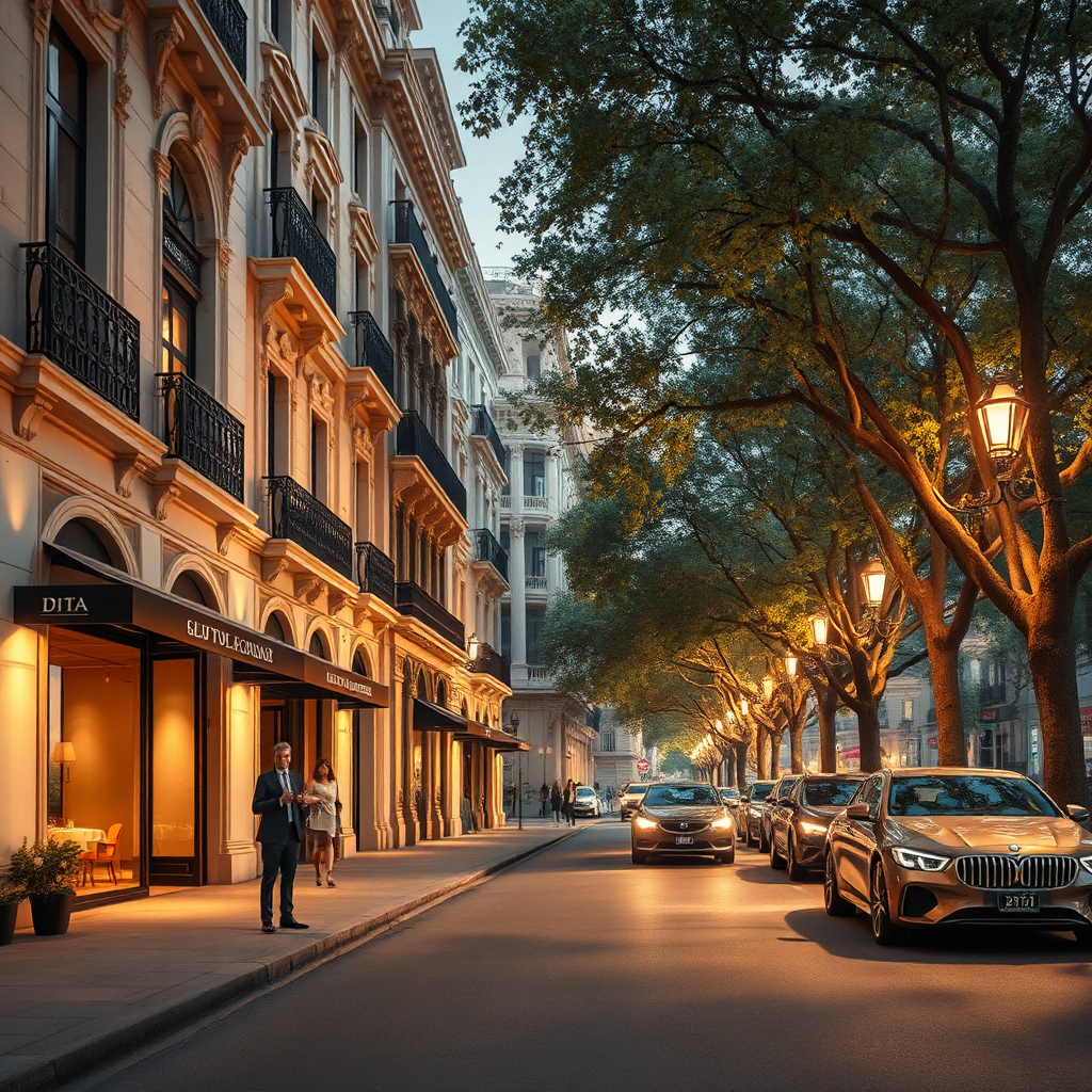 Create a photorealistic image depicting a vibrant street scene in Polanco, Mexico City. The image should capture the upscale atmosphere of the neighborhood, with luxury boutiques, trendy restaurants, and tree-lined streets. The composition should focus on the architectural details of the buildings, with ornate facades and elegant balconies. The lighting should be warm and inviting, creating a sense of luxury and sophistication. Add subtle details such as designer cars parked on the street and well-dressed people strolling along the sidewalks. The style should be elegant, upscale, and cosmopolitan. Aim for 8K resolution and hyperrealistic detail.