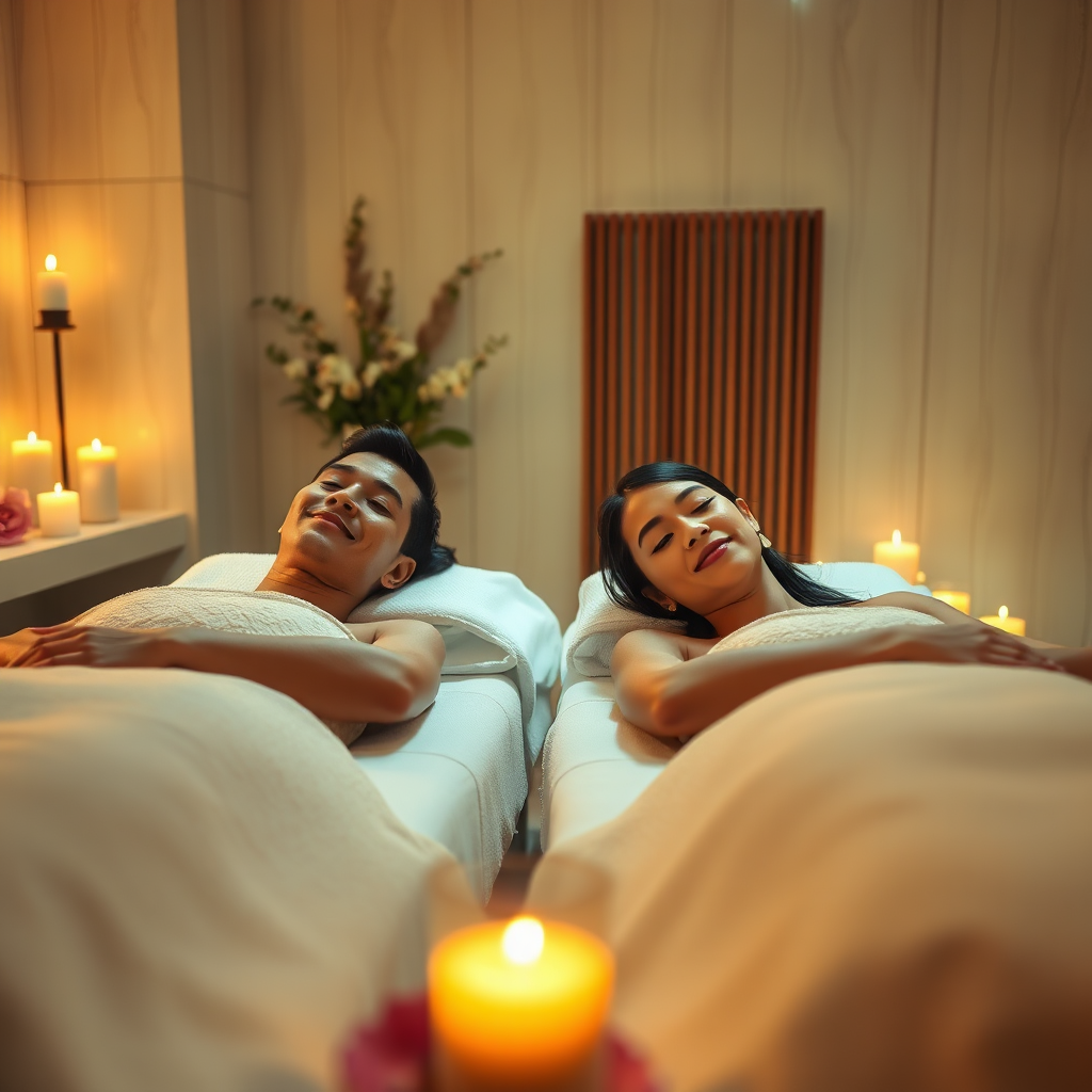 Create a photorealistic image of a couple enjoying a massage together in a softly lit spa room. They are lying side by side on massage tables. The room is decorated with candles and flowers, creating a romantic ambiance. The camera angle should capture both faces, showing their relaxed expressions. The lighting should be warm and inviting. Style reference: a luxury spa brochure image, 8K resolution.