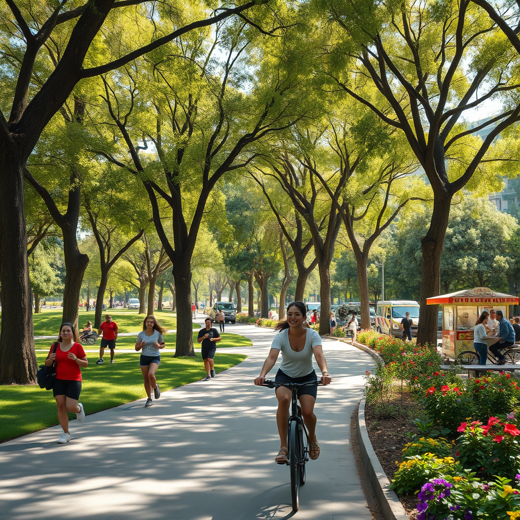 Create a photorealistic image depicting a lively park scene in Condesa, Mexico City. The image should capture the vibrant atmosphere of the neighborhood, with people jogging, cycling, and picnicking in the park. The composition should focus on the lush greenery of the park, with towering trees and colorful flowers. The lighting should be bright and cheerful, creating a sense of energy and vitality. Add subtle details such as street performers and food vendors to enhance the visual appeal. The style should be relaxed, vibrant, and energetic. Aim for 8K resolution and hyperrealistic detail.