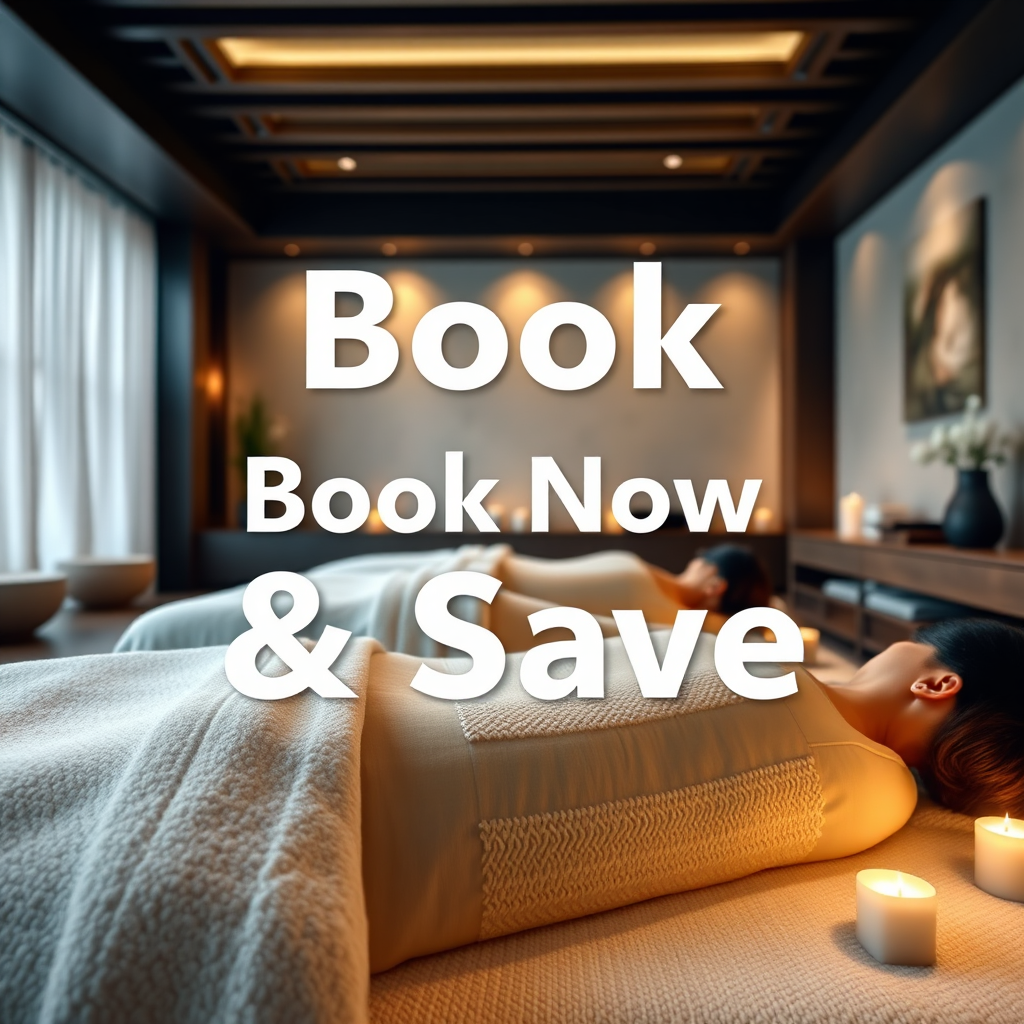 Create a photorealistic image of a serene spa scene with the words "Book Now & Save" subtly overlaid. Focus on the tranquility and relaxation associated with massage therapy. Soft lighting, calming colors, and luxurious textures. The camera angle should create a sense of peace and invite the viewer to book. Style reference: Wellness and luxury travel advertisements, 8K resolution.