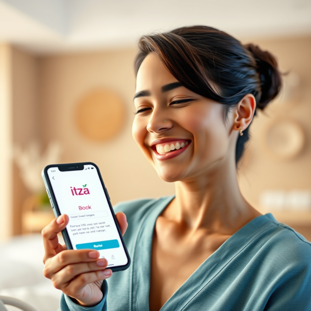 Create a photorealistic image of a person smiling and relaxed, holding a smartphone. The phone displays the Itzá Massage logo or a booking confirmation. The background is a calming spa setting. Focus on the positive emotions and the ease of booking. The camera angle is a medium shot, capturing the person's expression. The lighting is warm and inviting. Style reference: a lifestyle and wellness advertisement, 8K resolution.