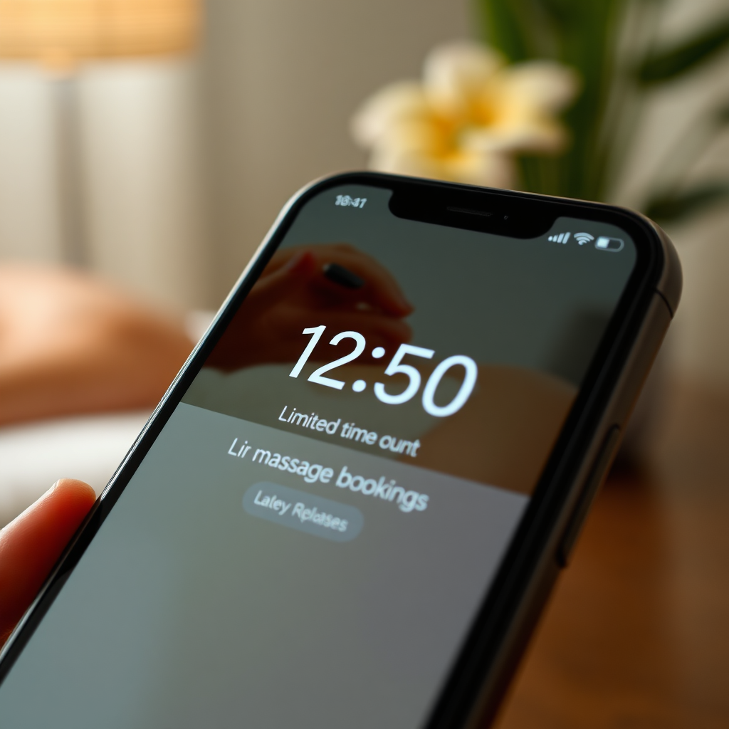 Create a photorealistic image showcasing a countdown timer on a phone screen, displaying a limited-time discount for massage bookings. The background is a blurred image of a person enjoying a massage. The scene should convey urgency and relaxation. Soft, diffused lighting and warm color tones. The camera angle is a close-up on the phone screen. Style reference: E-commerce promotional photography, 8K resolution.