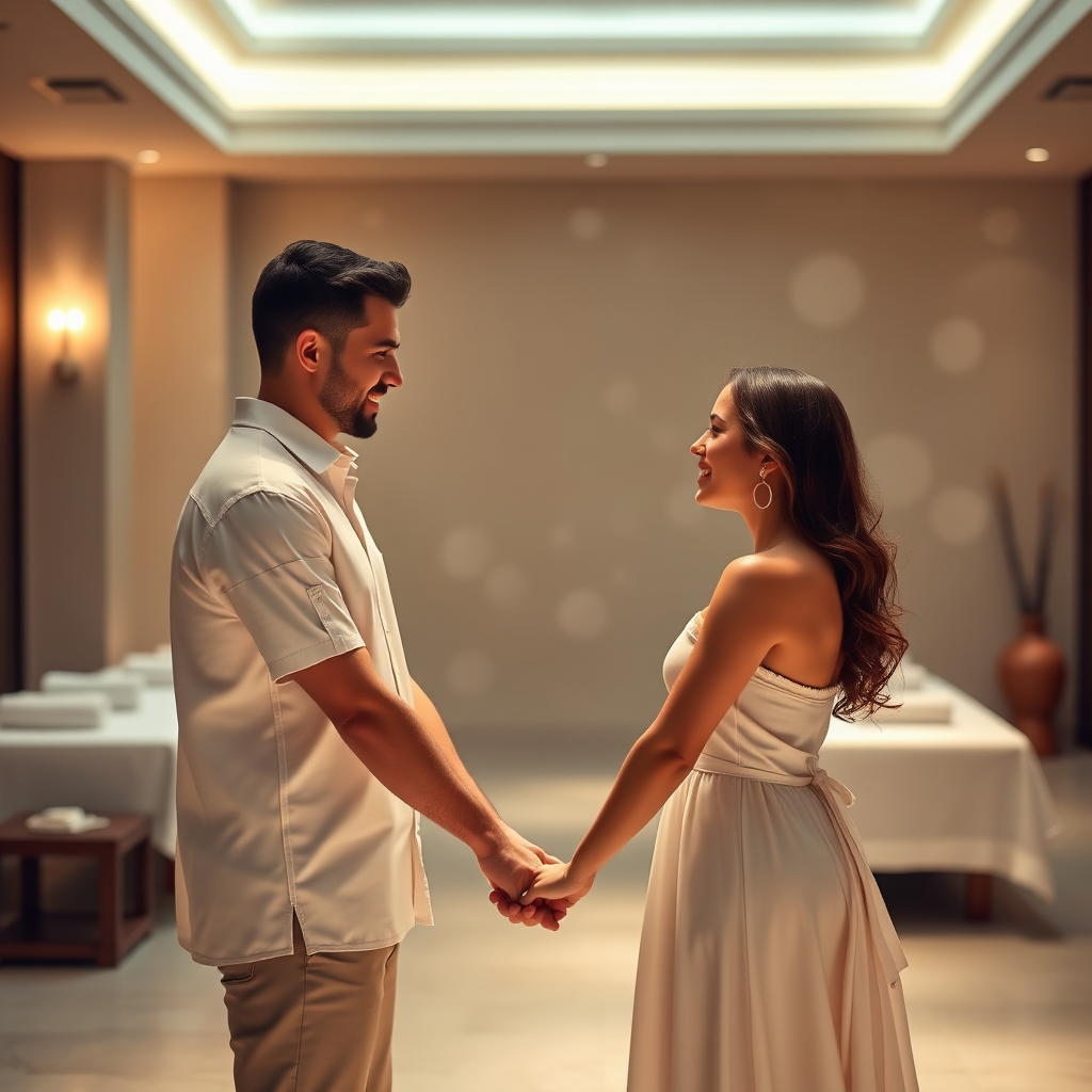 Create a photorealistic image of a couple holding hands in a spa setting, with massage tables subtly visible in the background. The lighting should be soft and romantic. The couple should appear relaxed and happy. The background should hint at luxury and tranquility. The camera angle is a medium shot, focusing on their connection. Style reference: a romantic vacation advertisement, 8K resolution.