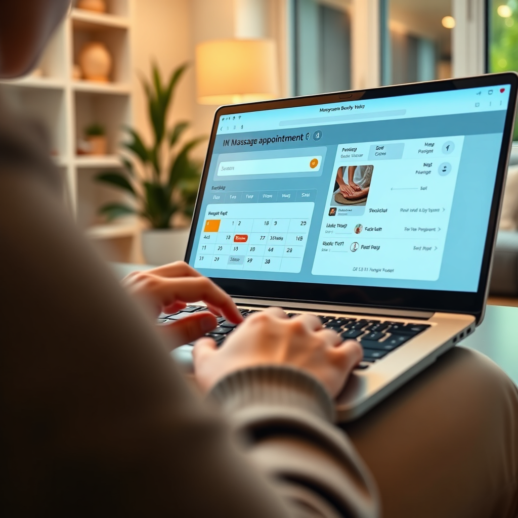 Create a photorealistic image showing a person using a laptop or tablet to book a massage appointment online. The screen displays a user-friendly online booking calendar. The setting should be a comfortable and inviting home environment. The camera angle is a close-up on the screen and hands, emphasizing the ease of use. The lighting should be bright and modern. Style reference: a software product demo image, 8K resolution.