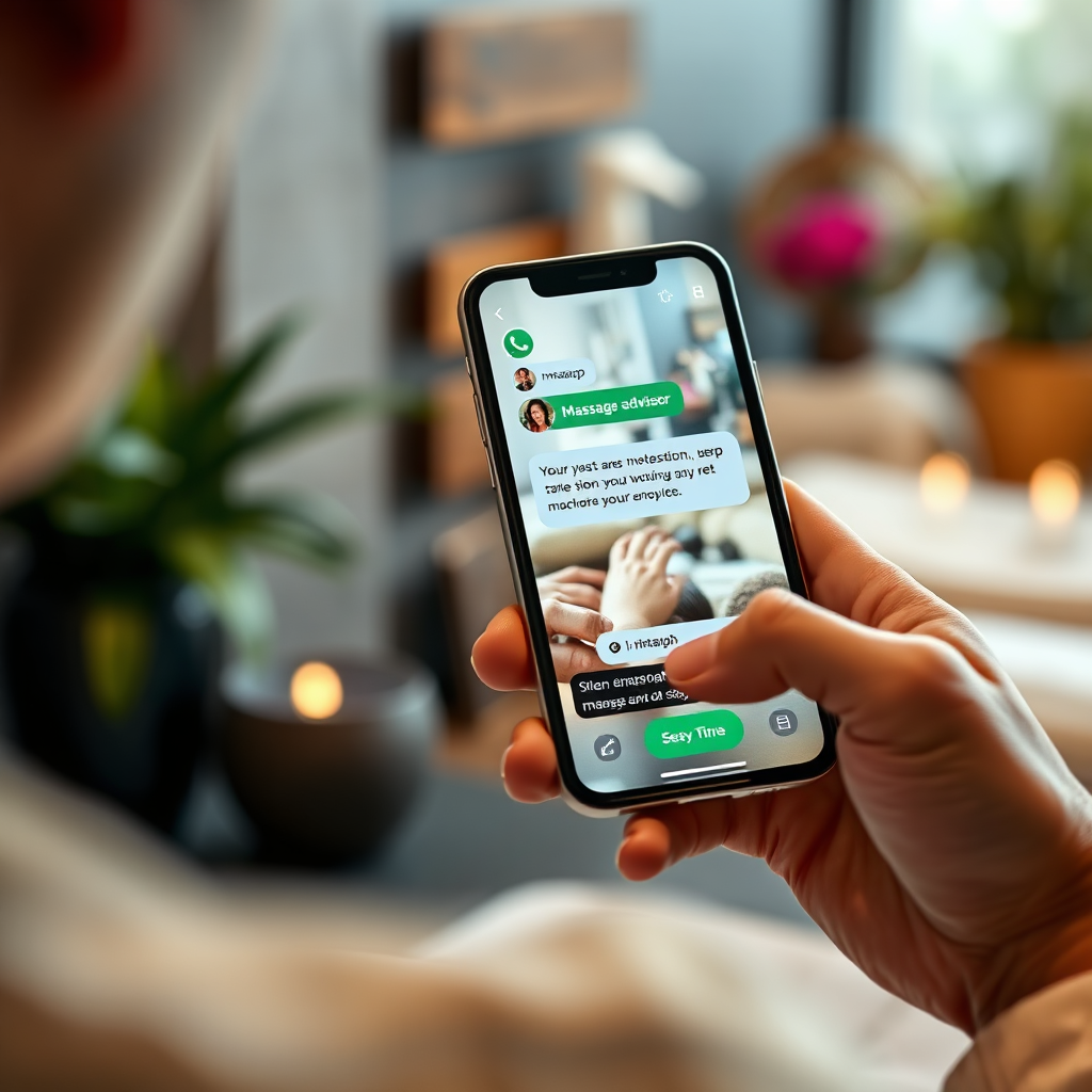 Create a photorealistic image showing a person using WhatsApp on their smartphone to chat with a massage advisor. The phone screen displays a friendly conversation. The background is a blurred spa environment. Focus on the convenience and personalized service. The camera angle is a close-up on the phone screen and hands. The lighting is soft and inviting. Style reference: a customer service testimonial image, 8K resolution.