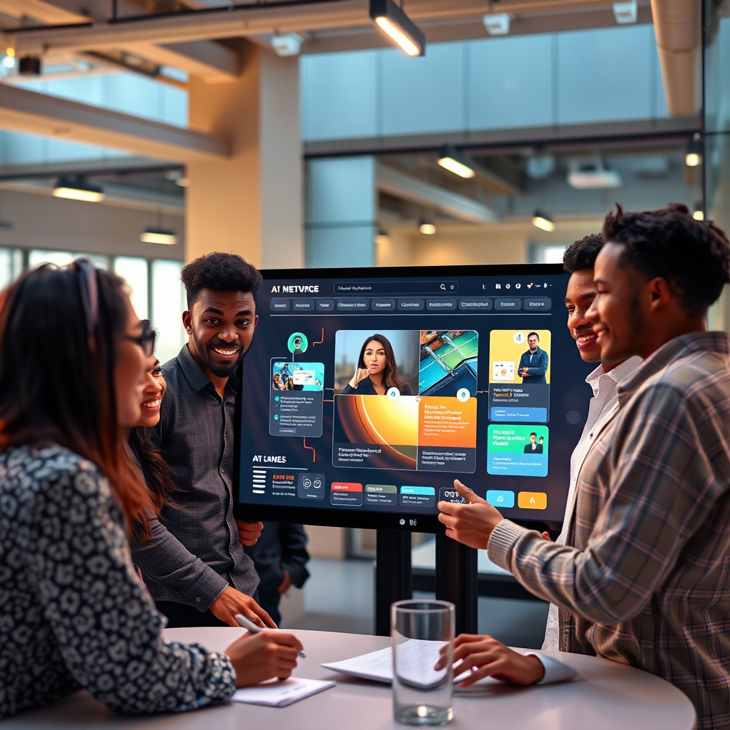 Create a photorealistic image representing Black Media Market's AI-driven web design approach. The scene depicts a diverse team collaborating around a large interactive screen, showcasing a website design evolving in real-time through AI algorithms. Focus on capturing the collaborative energy and the seamless integration of human creativity with AI capabilities. The composition should be balanced, highlighting both the human element and the technological aspect. Lighting should be warm and inviting, emphasizing the sense of collaboration and innovation. The color palette should be vibrant and modern, reflecting the dynamic nature of web design. The camera angle should be a medium shot, capturing the expressions and interactions of the team members. Texture details should be sharp, emphasizing the clarity of the screen and the subtle details of the workspace. The environment is a modern, open-plan office space, promoting creativity and collaboration. Style references include modern tech company aesthetics and collaborative workspace imagery. Technical specs: 4K resolution, high quality.