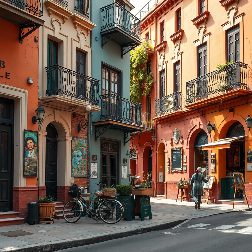 Create a photorealistic image depicting a charming street scene in Roma Norte, Mexico City. The image should capture the bohemian atmosphere of the neighborhood, with colorful buildings, street art, and cozy cafes. The composition should focus on the architectural details of the buildings, with vintage facades and wrought-iron balconies. The lighting should be soft and natural, creating a sense of warmth and nostalgia. Add subtle details such as bicycles parked on the sidewalks and artists painting in the streets. The style should be bohemian, artistic, and charming. Aim for 8K resolution and hyperrealistic detail.