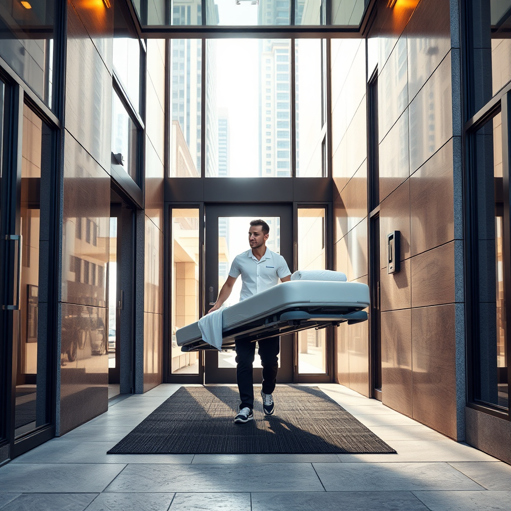 Create a photorealistic image of a massage therapist arriving at a modern downtown apartment building, carrying a massage table. The lighting should be bright and welcoming. Emphasize the convenience and ease of the service. The camera angle is a medium shot, capturing both the therapist and the building entrance. Textures should be realistic, showing urban details. Style reference: a modern urban lifestyle advertisement, 8K resolution.