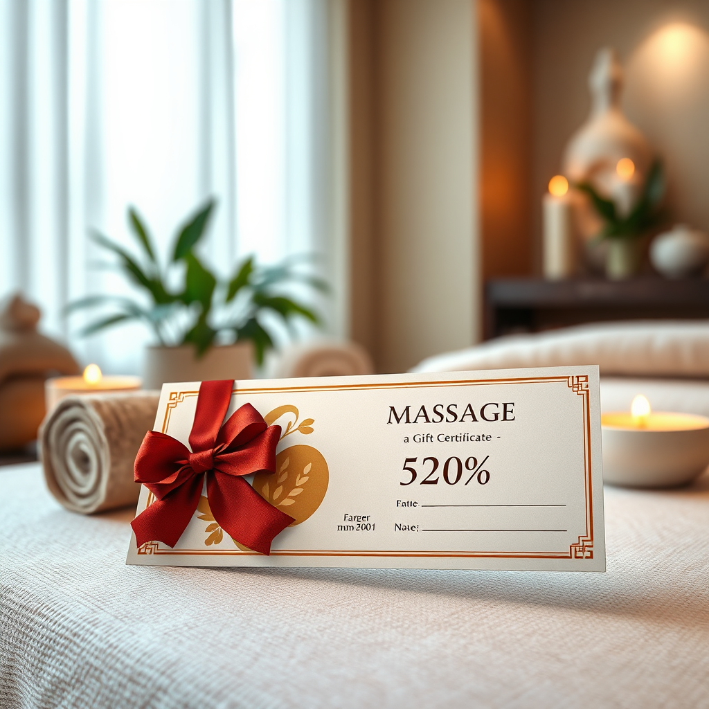 Create a photorealistic image showcasing a massage gift certificate with a prominent discount offer. The setting is a luxurious spa environment with soft lighting. The certificate is elegantly designed and prominently displays the discount percentage. The camera angle focuses on the certificate, highlighting the special offer. The textures should emphasize the quality and exclusivity of the offer. Style reference: High-end retail and spa promotional photography, 8K resolution.