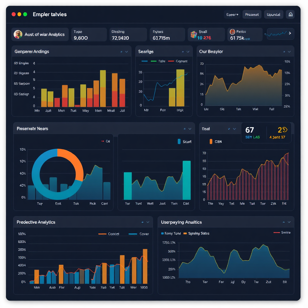 Depict a comprehensive dashboard displaying user behavior data, visualized through AI-generated insights and predictive analytics, providing a clear understanding of user engagement.