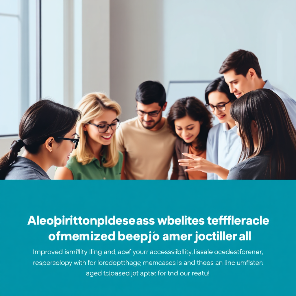 Depict a diverse group of users interacting seamlessly with a website interface optimized by AI, showcasing improved accessibility and usability for all. Use a clean and modern design.