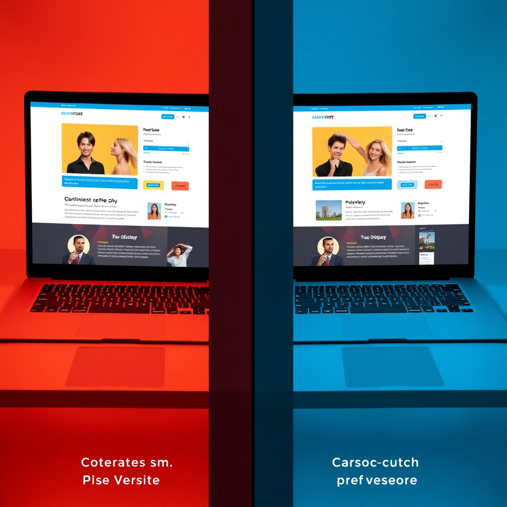 Depict a split-screen showing two different website versions automatically adapted for two distinct user profiles, emphasizing personalized content and design elements. Use warm and cool colors to represent different preferences.