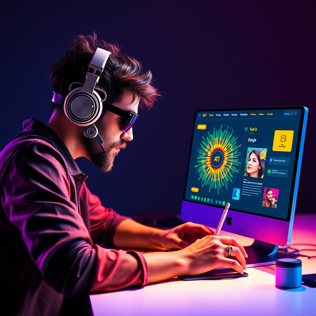 Imagine an artist collaborating with an AI interface, using the AI's suggestions to refine a website design, highlighting the fusion of human creativity and artificial intelligence. Use bright, inspiring colors.