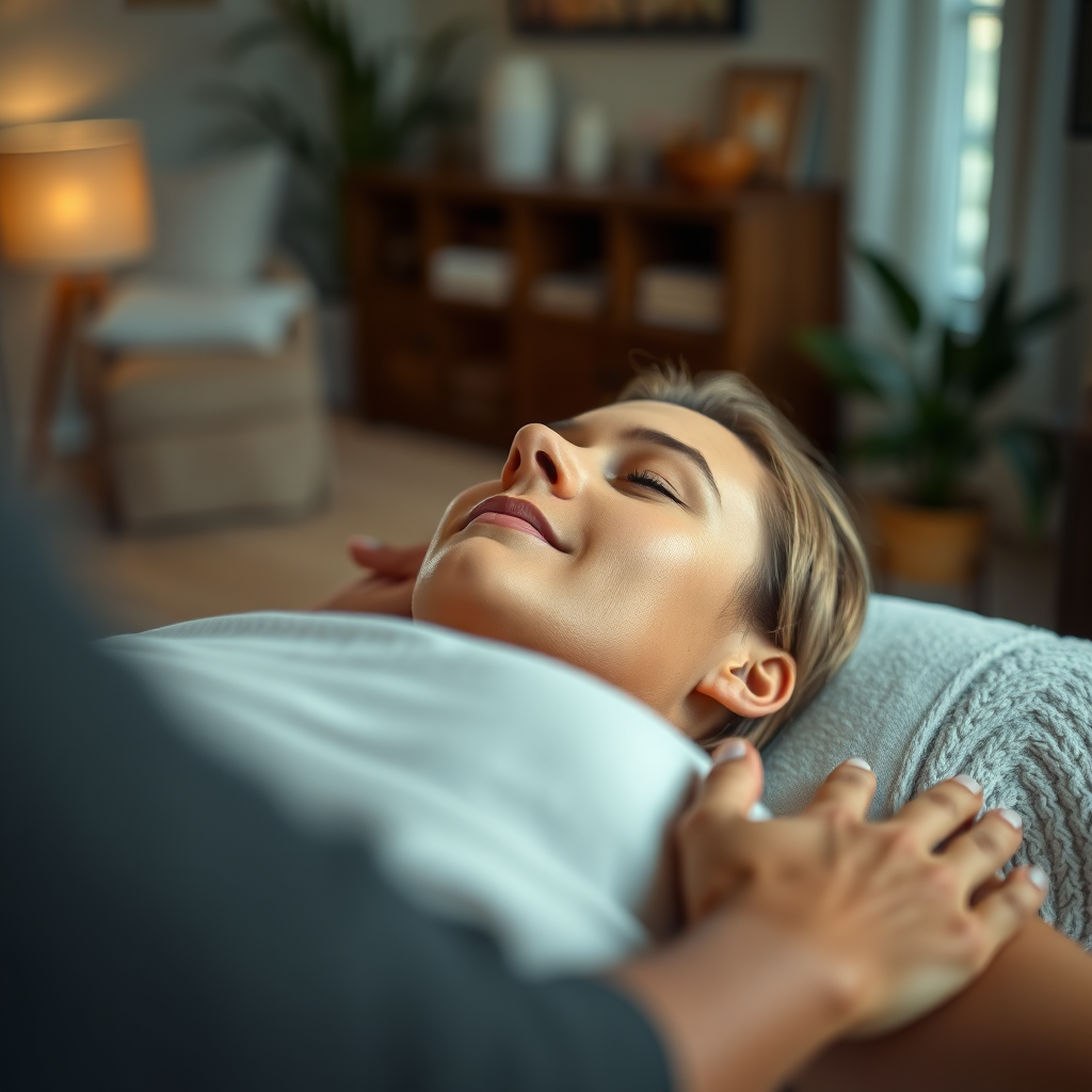 Photorealistic image depicting a relaxed individual receiving a massage in their living room. Soft ambient lighting, with a focus on the client's serene expression. The background includes elements of a cozy home environment. The camera angle is a medium close-up focusing on the client's face and the therapist's hands. Textures should emphasize comfort and relaxation. Style reference: high-end home and lifestyle photography, 8K resolution.