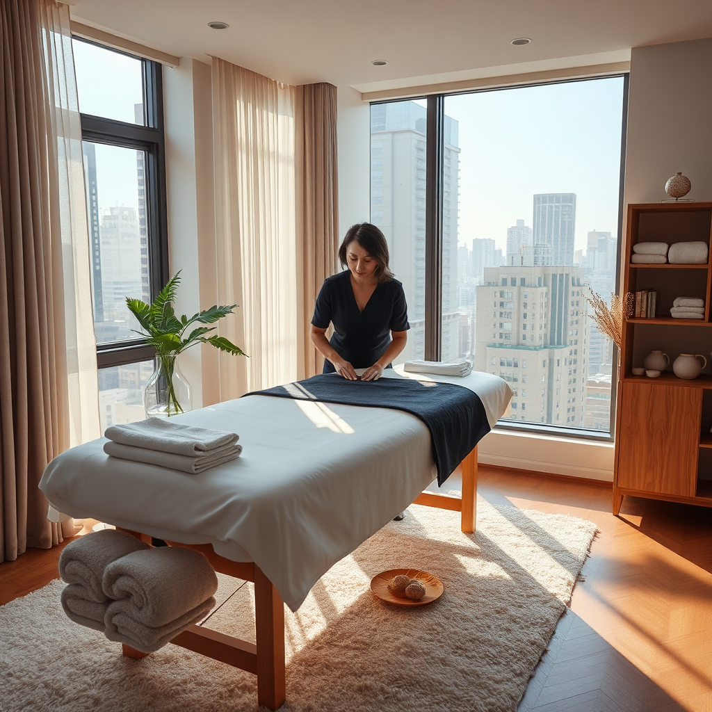 Photorealistic image showing a massage therapist setting up a massage table in a stylish downtown apartment. Natural light floods the room. Focus on the professional setup and relaxing atmosphere. Include aromatherapy diffusers and soft towels as props. The camera angle is a wide shot showing the entire setup. Textures should be hyperrealistic, emphasizing the comfort and convenience. Style reference: a home spa magazine, 8K resolution.