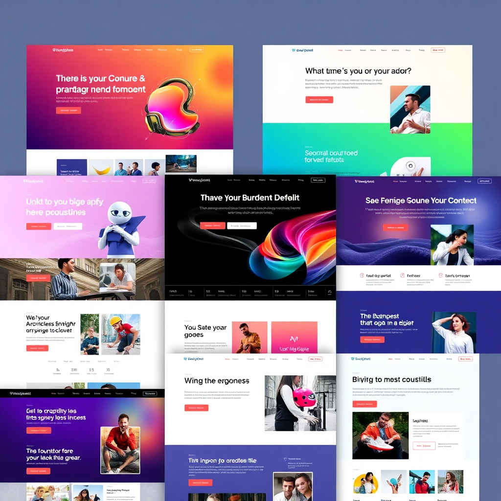 Showcase a range of diverse website designs, each tailored to different business needs and aesthetics, demonstrating the AI's ability to create personalized solutions. Use vibrant and varied color palettes.