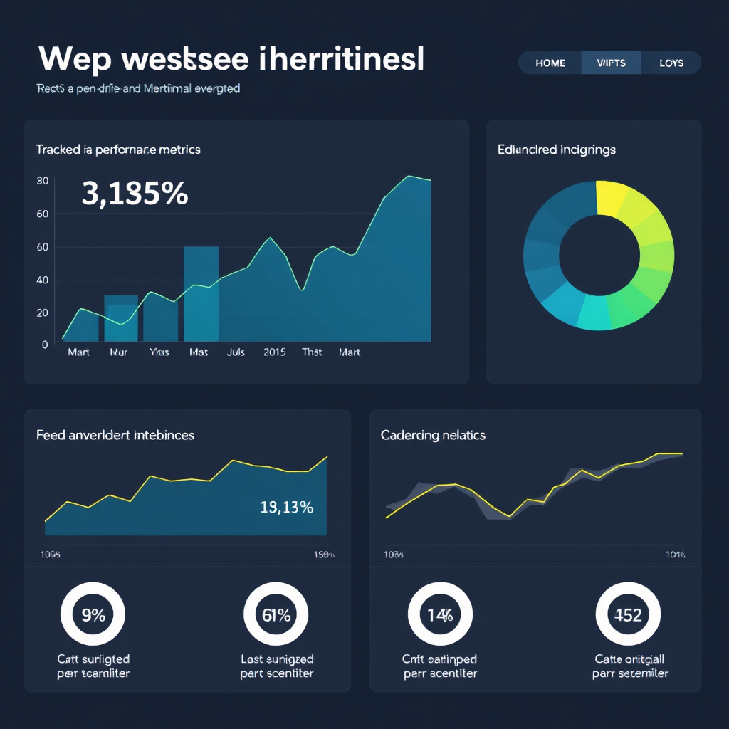 Visualize a dashboard displaying key website performance metrics tracked and analyzed by AI, highlighting data-driven insights and improvements. Use clear and informative graphics.