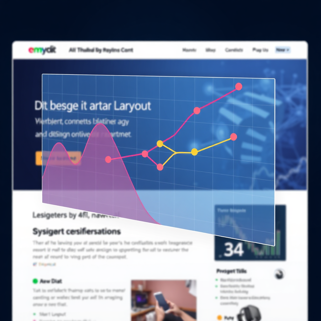 Visualize a dynamic graph overlaying a website design, illustrating data analysis driving design improvements. Use vibrant colors to highlight key data points and AI's impact on the layout.