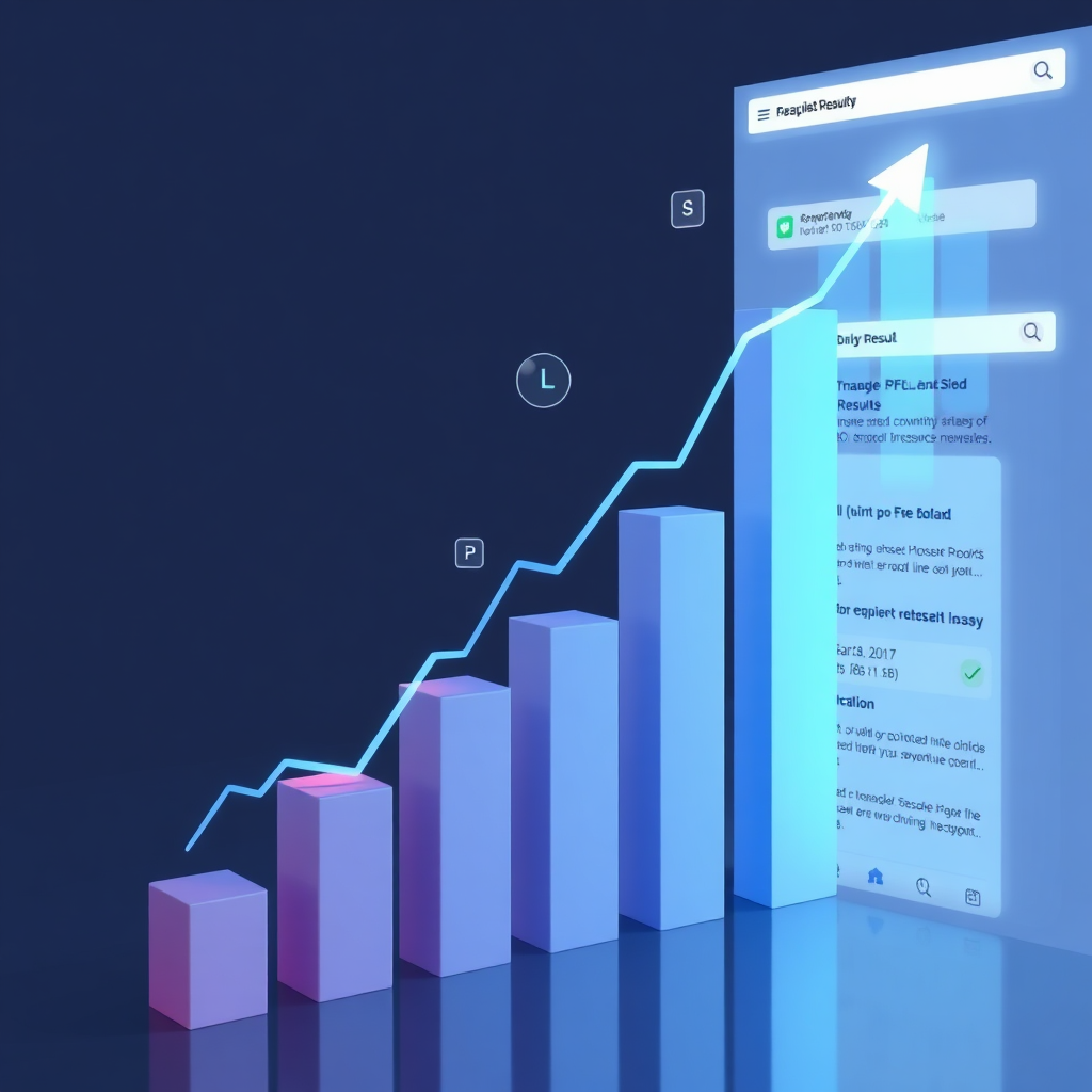 Visualize a website climbing the ranks of search engine results pages, powered by data-driven SEO strategies and intelligent keyword analysis from AI.