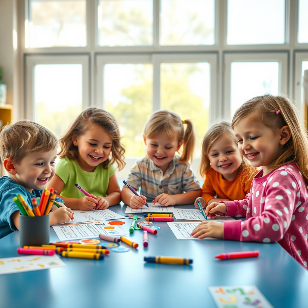 A cheerful, photorealistic image showing children actively engaged in completing colorful worksheets at a bright classroom table. The composition includes vibrant educational tools like crayons, stickers, and visual aids surrounding them, enhancing the fun learning atmosphere. Natural light pours through the large windows, creating a lively environment. The children's expressions convey curiosity and joy, capturing the essence of interactive learning that fuels imagination.