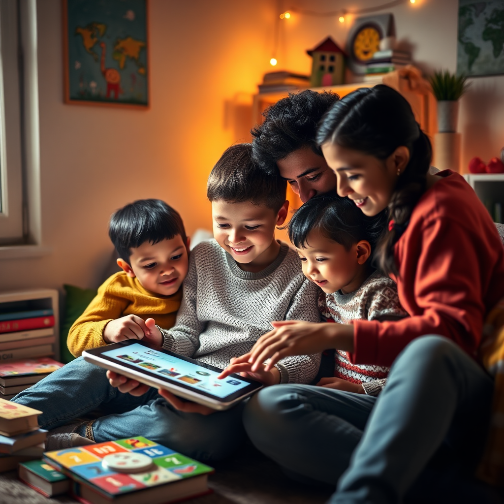 A serene image showcasing a family gathered around a tablet, exploring Afrikaans learning materials together. The setting is a cozy corner of their home adorned with educational decor. The warm lighting creates a nurturing vibe, while the expression of engagement on their faces illustrates the joy of discovering new content together. Educational elements around them, such as colorful books and games, add depth to the scene, representing a holistic approach to learning.