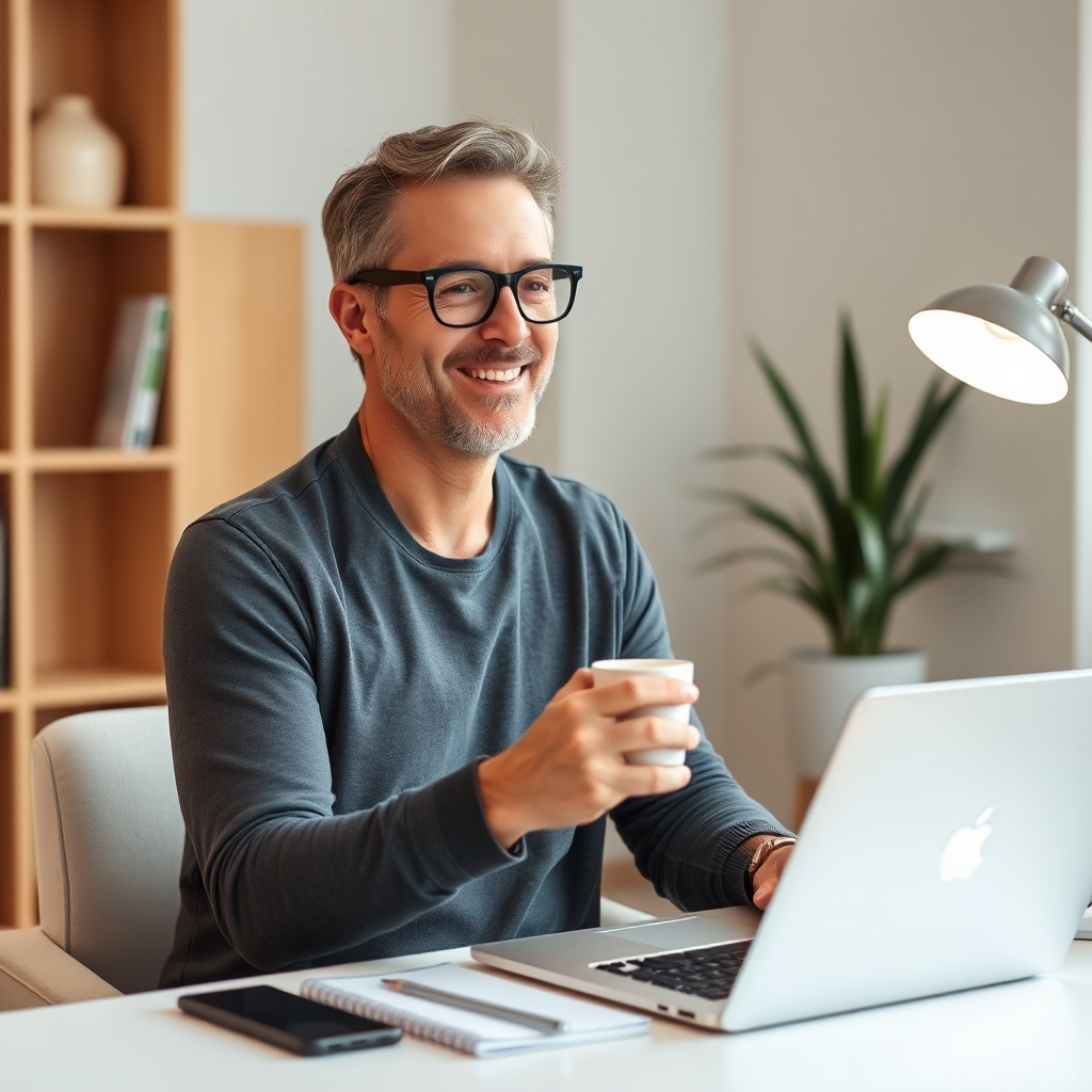 A stylized image featuring a cozy reading nook with an individual engrossed in an Afrikaans ebook. The setting is bright and airy, decorated with plants and bookshelves. Soft sunlight bathes the scene, enhancing the inviting atmosphere. The individual, who represents an adult learner, is sitting comfortably with a laptop beside them, showcasing the modern method of learning. Elements of educational materials are scattered around, including colorful flashcards and notebooks, reinforcing the topic's theme of adult education.