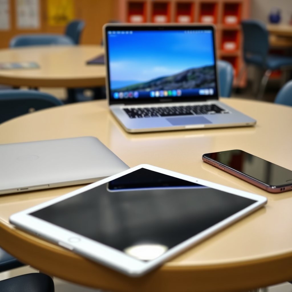 An inspiring image illustrating a stacked collection of digital devices like tablets and smartphones showcasing various educational apps for Afrikaans learning. The devices are placed on a wooden table cluttered with art supplies, creating a connection between learning and creativity. The soft lighting enhances the vibrancy of the display, representing the accessibility and variety of resources available to learners in a modern educational landscape.