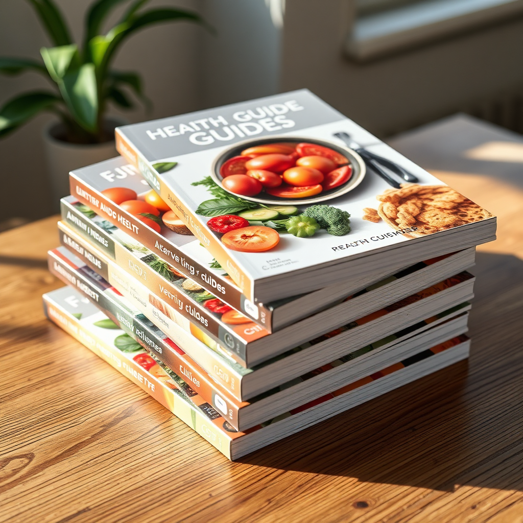 A stack of aesthetically pleasing digital guides with visually appealing covers. The guides are displayed on a wooden desk with natural light. The covers feature images related to health and wellness, such as fruits, vegetables, and yoga poses. Focus on the details of the covers and the overall presentation. Camera: Close-up.