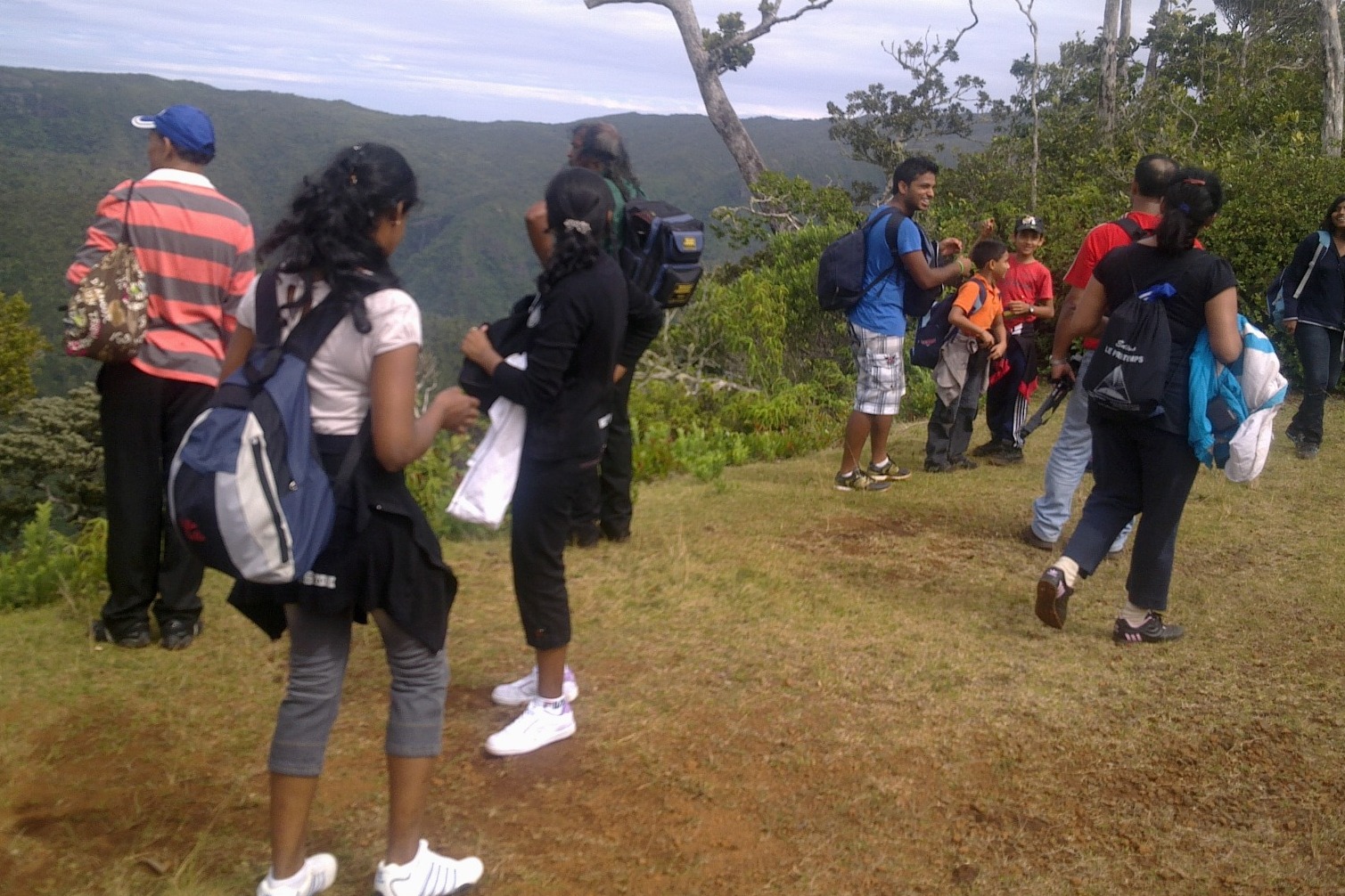 Group of colleagues celebrating reaching the top of a mountain, arms raised in victory, panoramic Mauritian landscape in the background. Golden hour lighting. Genuine expressions of joy. 4k resolution.