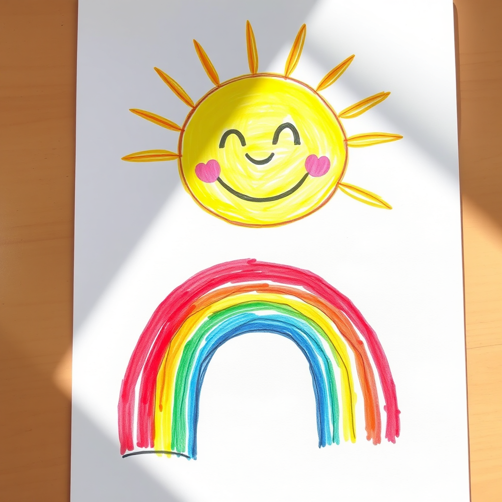 Child's drawing of sun and rainbow