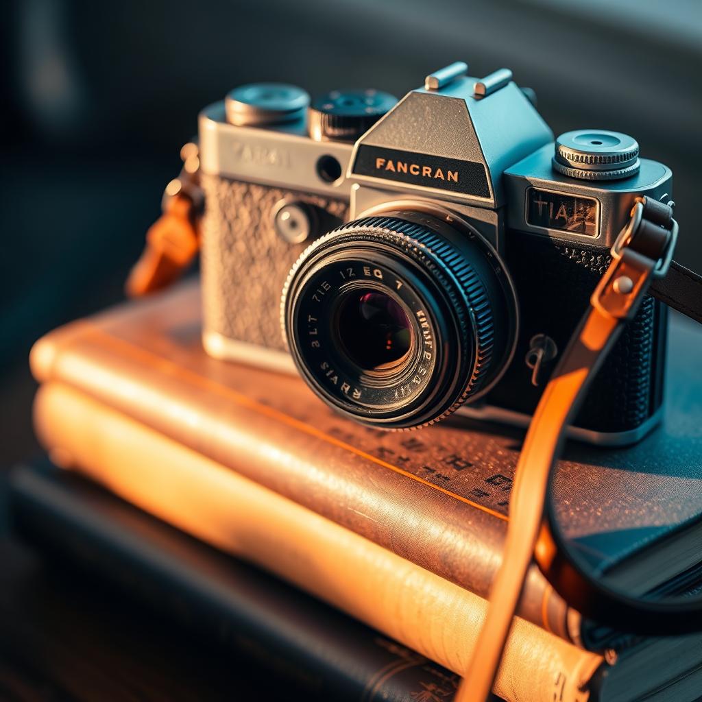 Vintage camera and books