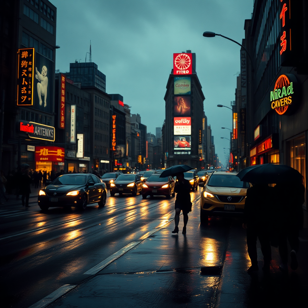 Rainy city street at dusk