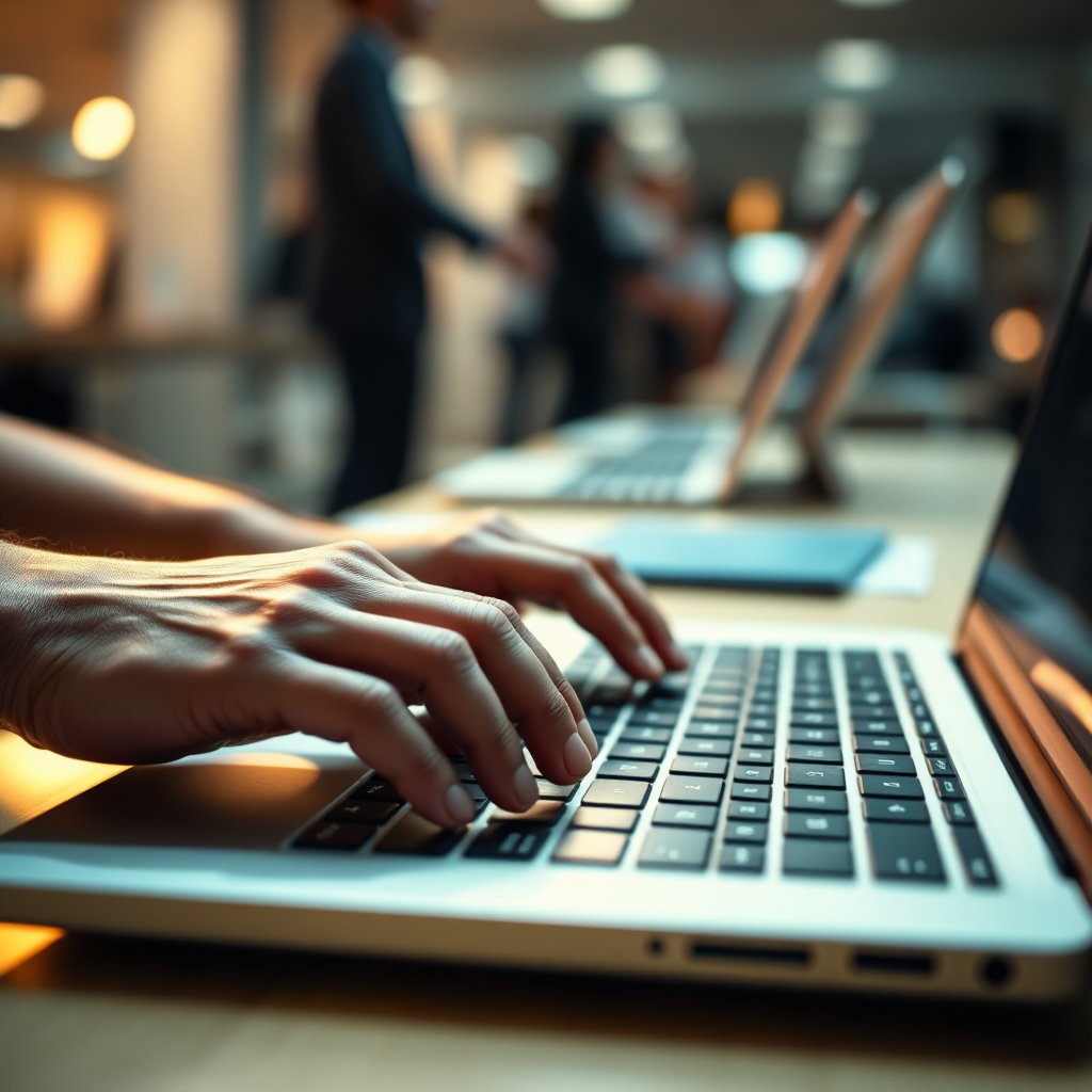 Hands typing on a laptop