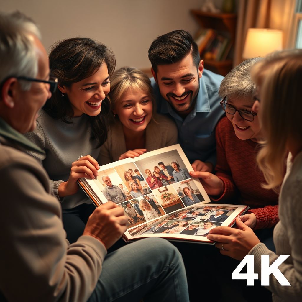 A heartwarming image of a group of people gathered around a photo album, laughing and reminiscing about past events. The album is filled with candid shots capturing joyful moments. Soft, warm lighting creates a nostalgic atmosphere. 4K resolution.