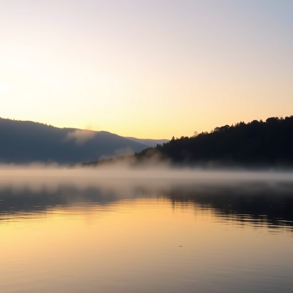 Lake at sunrise with mist