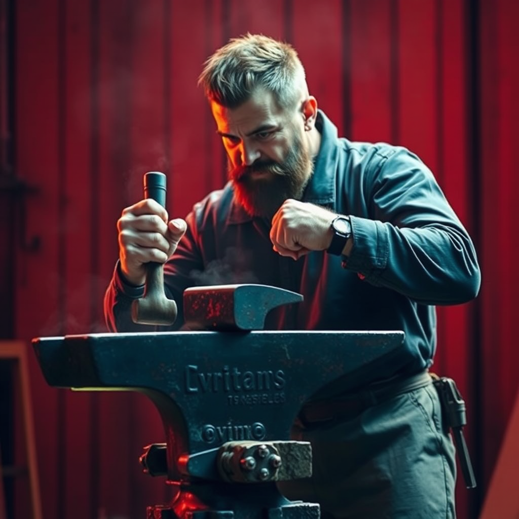 Visualize a blacksmith hammering a piece of metal on an anvil, shaping it into a strong and resilient tool. The blacksmith represents the process of turning failures into fuel for growth. The lighting should be dramatic and intense, highlighting the blacksmith's strength and determination. The color palette should be warm and metallic, using reds, oranges, and silvers. Style: Industrial, Powerful.