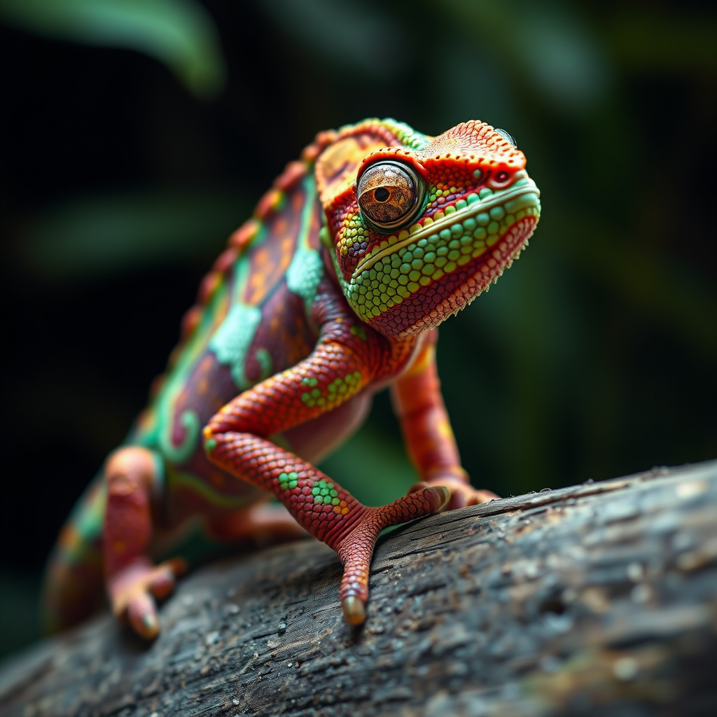 Visualize a chameleon seamlessly blending into its surroundings, changing colors to match the environment. The chameleon represents the adaptability that is essential for overcoming unforeseen issues. The lighting should be natural and subtle, highlighting the chameleon's ability to blend in. The color palette should be diverse and vibrant, showcasing the chameleon's range of colors. Style: Wildlife, Realistic.