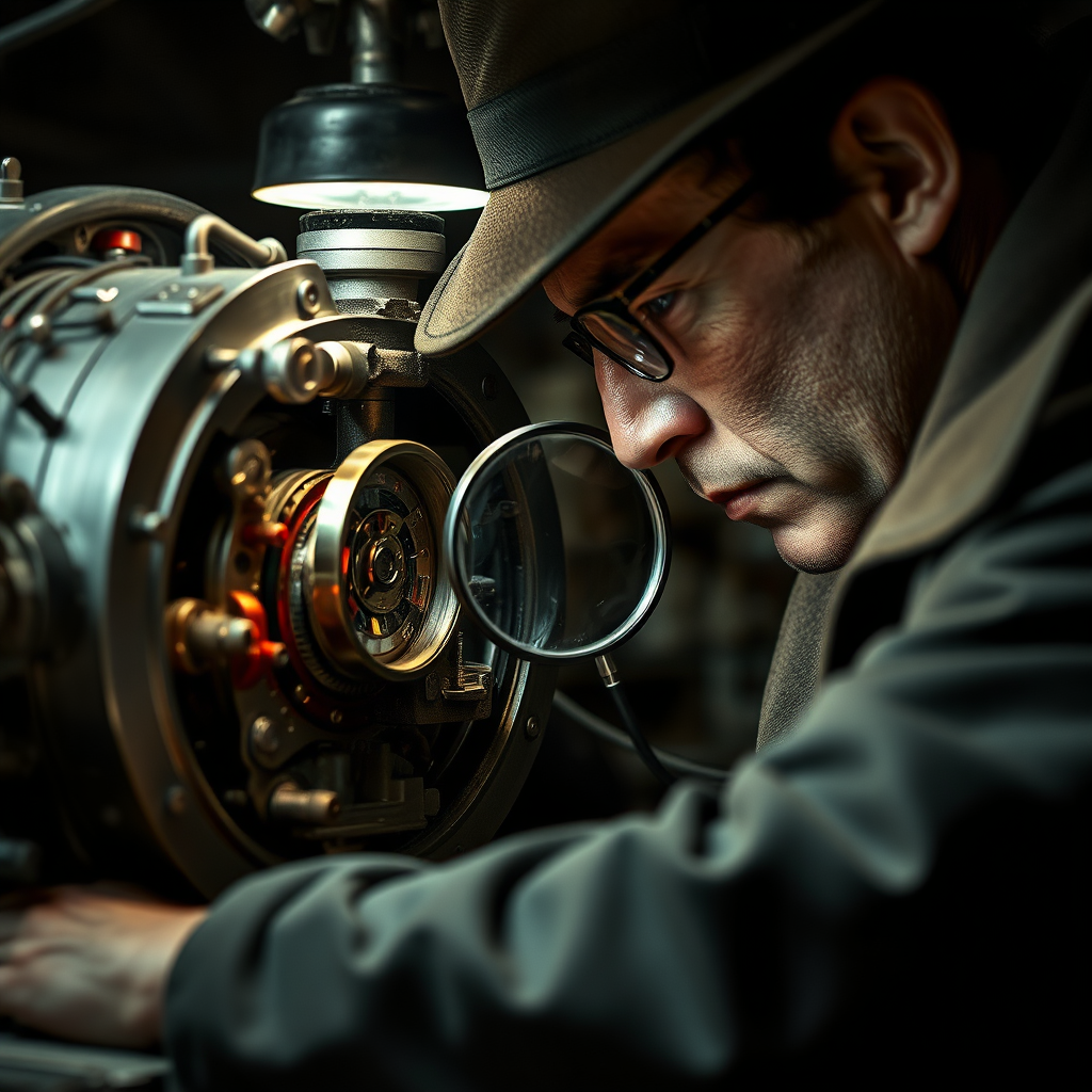  Visualize a detective carefully examining a complex machine, using a magnifying glass to identify a single, crucial broken component that is causing the entire system to malfunction. The lighting should be focused and intense, highlighting the detective's concentration and the intricate details of the machine. The color palette should be muted, with a pop of color around the broken component to draw attention. The environment should be a dimly lit workshop. Style: Photorealistic, Film Noir.