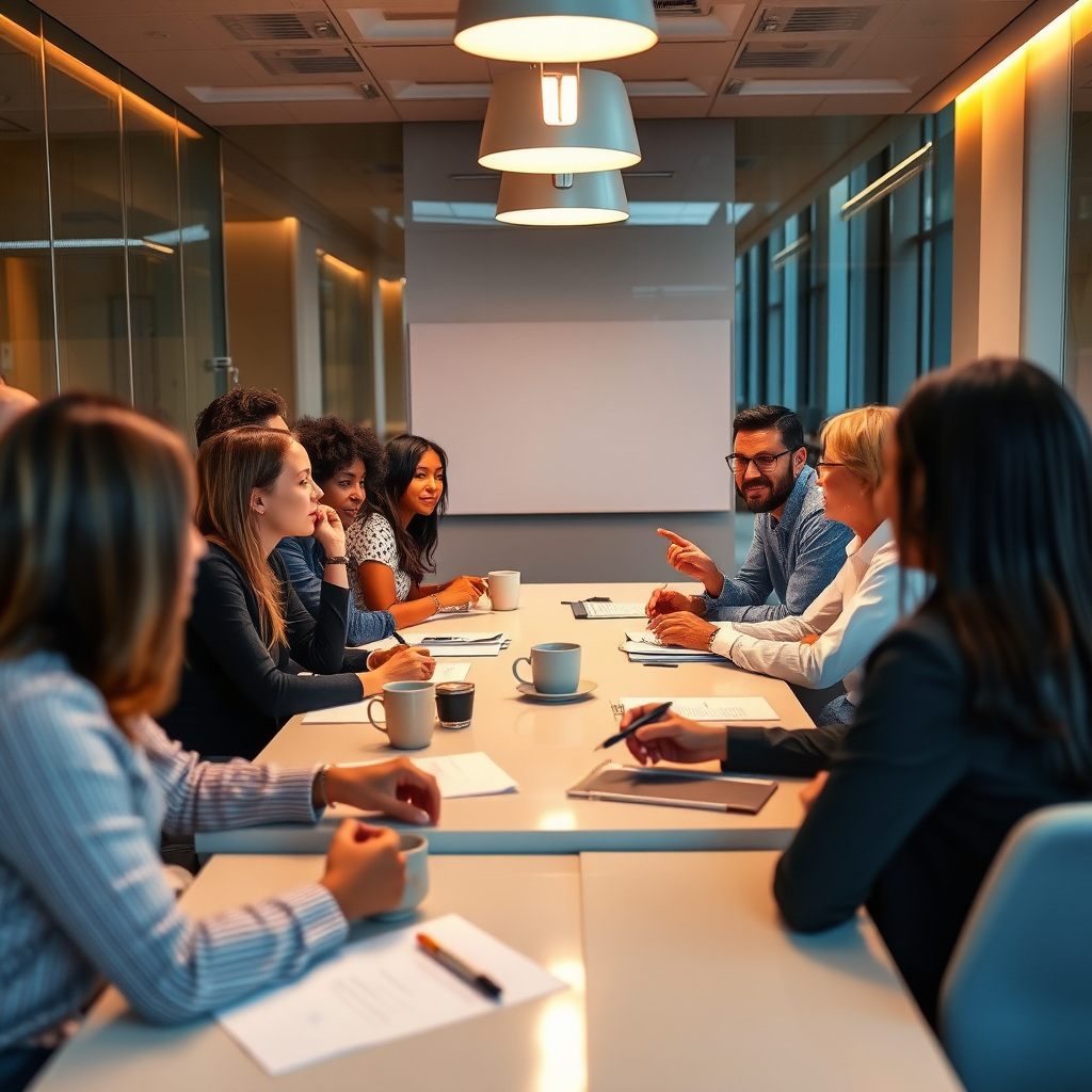 Visualize a diverse group of professionals engaging in a lively discussion around a conference table, sharing ideas and perspectives. The atmosphere should be open and collaborative, fostering a culture of communication and learning. The lighting should be warm and inviting, highlighting the team's engagement and enthusiasm. The color palette should be diverse and inclusive, reflecting the team's diversity. Style: Collaborative, Inclusive.