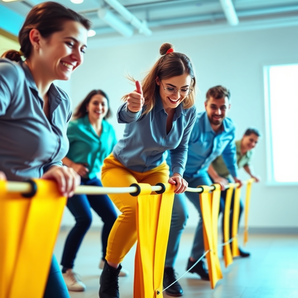 Visualize a group of professionals participating in a team-building exercise, such as an obstacle course or a problem-solving challenge. The exercise should be designed to build resilience and teamwork. The lighting should be bright and energetic, highlighting the team's enthusiasm and collaboration. The color palette should be vibrant and optimistic, using blues, greens, and yellows. Style: Active, Collaborative.