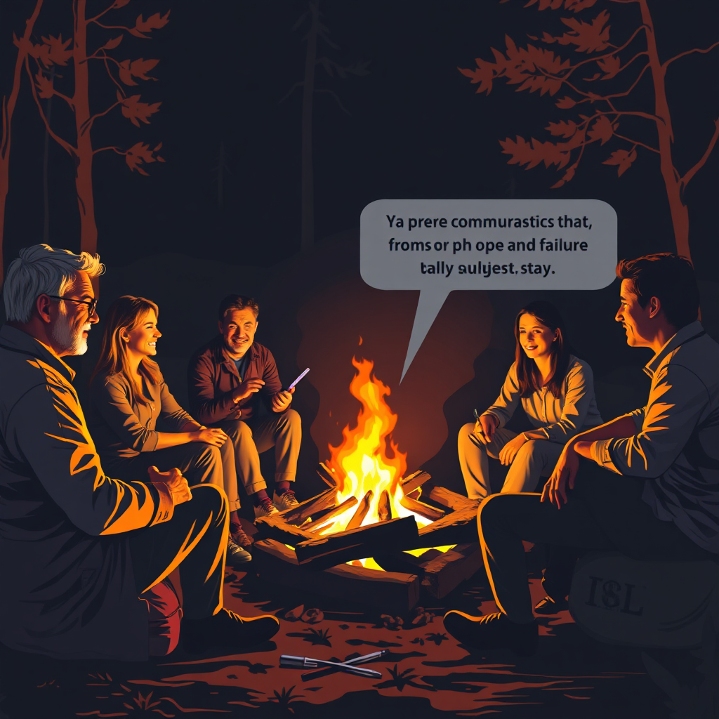 Visualize a group of professionals sitting around a campfire, sharing stories and experiences. The campfire represents the warmth and camaraderie that comes from open communication and sharing failure stories. The lighting should be warm and inviting, casting shadows and highlighting the faces of the speakers. The color palette should be warm and earthy, using reds, oranges, and browns. Style: Informal, Collaborative.