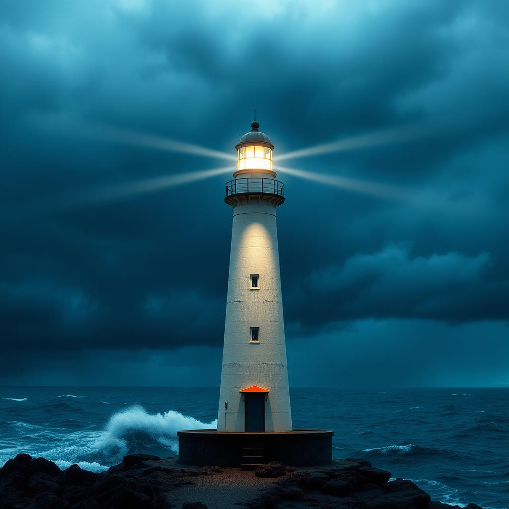 Visualize a lighthouse standing tall against a stormy sea, its beam of light cutting through the darkness and guiding ships to safety. The lighthouse should be strong and sturdy, representing the resilience that comes from proactive planning. The lighting should be dramatic, with the lighthouse illuminated against a dark and turbulent sky. The color palette should be cool and calming, using blues, grays, and whites. Style: Landscape, Inspirational.