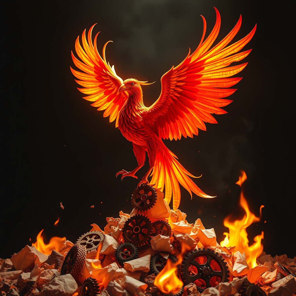  Visualize a phoenix rising from ashes, but instead of traditional flames, the ashes are composed of crumpled paper, broken gears, and other symbols of failure. The phoenix is strong and vibrant, representing the resilience and growth that comes from learning from mistakes. The lighting should be dramatic, with the phoenix bathed in golden light against a dark background. The color palette should be rich and warm, using reds, oranges, and yellows. Style: Fantasy, Inspirational.