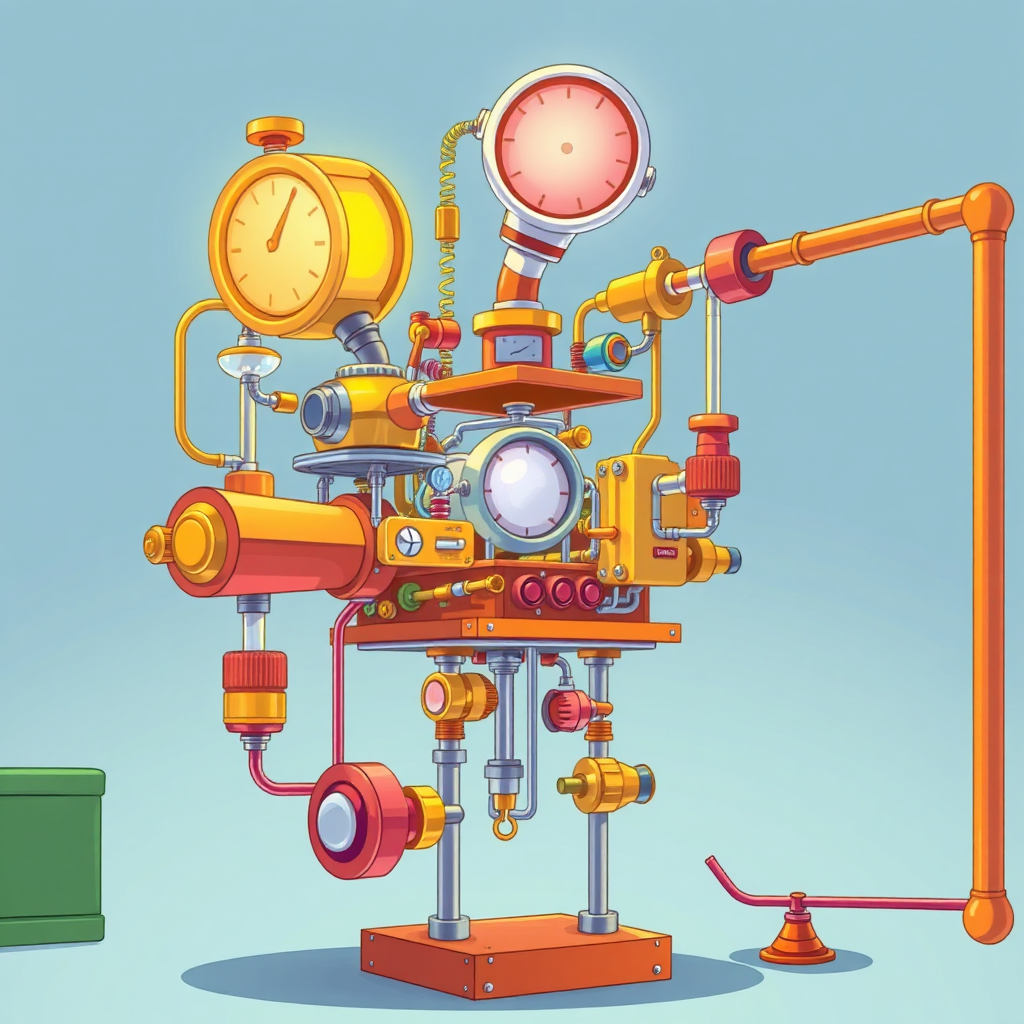 Visualize a Rube Goldberg machine with absurdly complex mechanisms, designed to perform a simple task but prone to malfunctions and unexpected outcomes. The machine should be whimsical and humorous, showcasing the unpredictable nature of Murphy's Law. The lighting should be bright and playful, highlighting the various components and their interactions. The color palette should be vibrant and cartoonish, using a variety of colors. Style: Cartoon, Comedic.