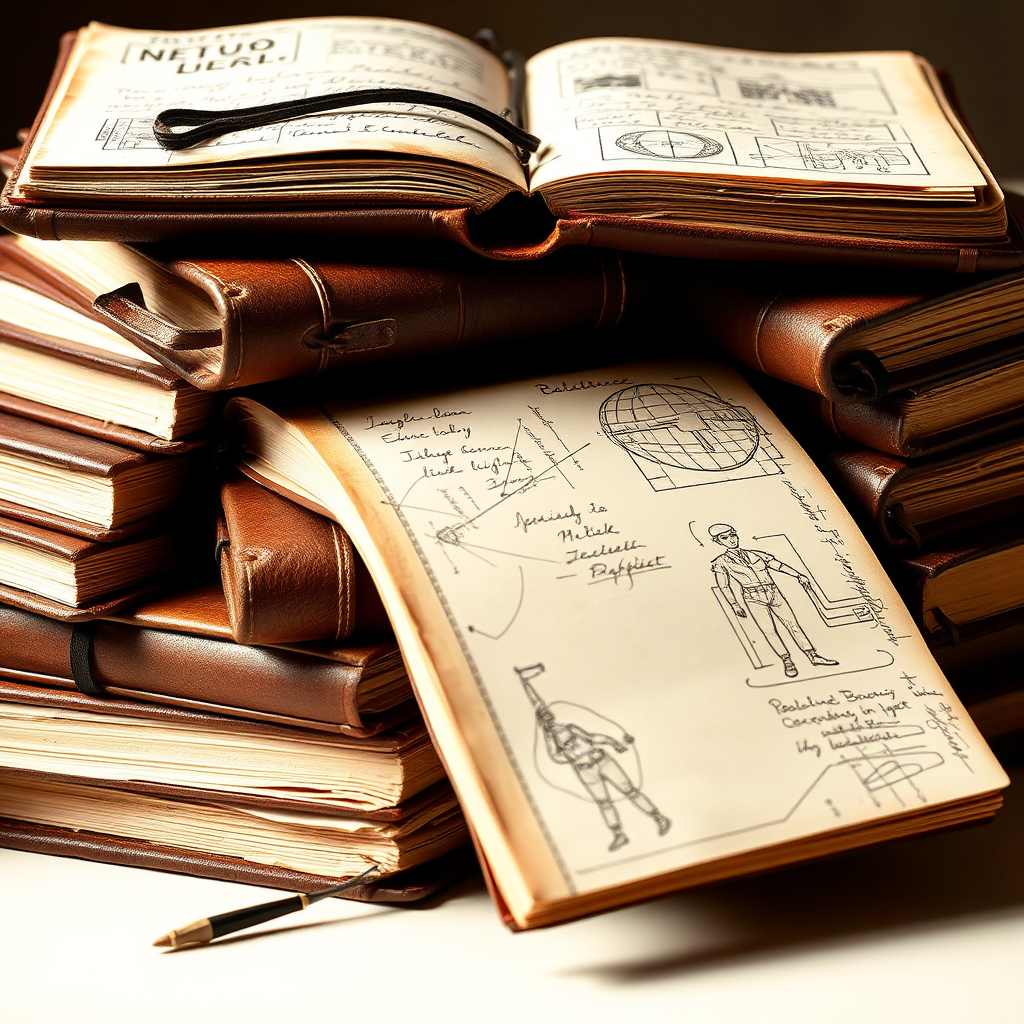 Visualize a stack of leather-bound journals, each filled with handwritten notes, diagrams, and sketches. The journals represent the importance of documenting lessons learned from past experiences. The lighting should be warm and inviting, highlighting the texture and detail of the journals. The color palette should be muted and earthy, using browns, beiges, and greens. Style: Vintage, Academic.