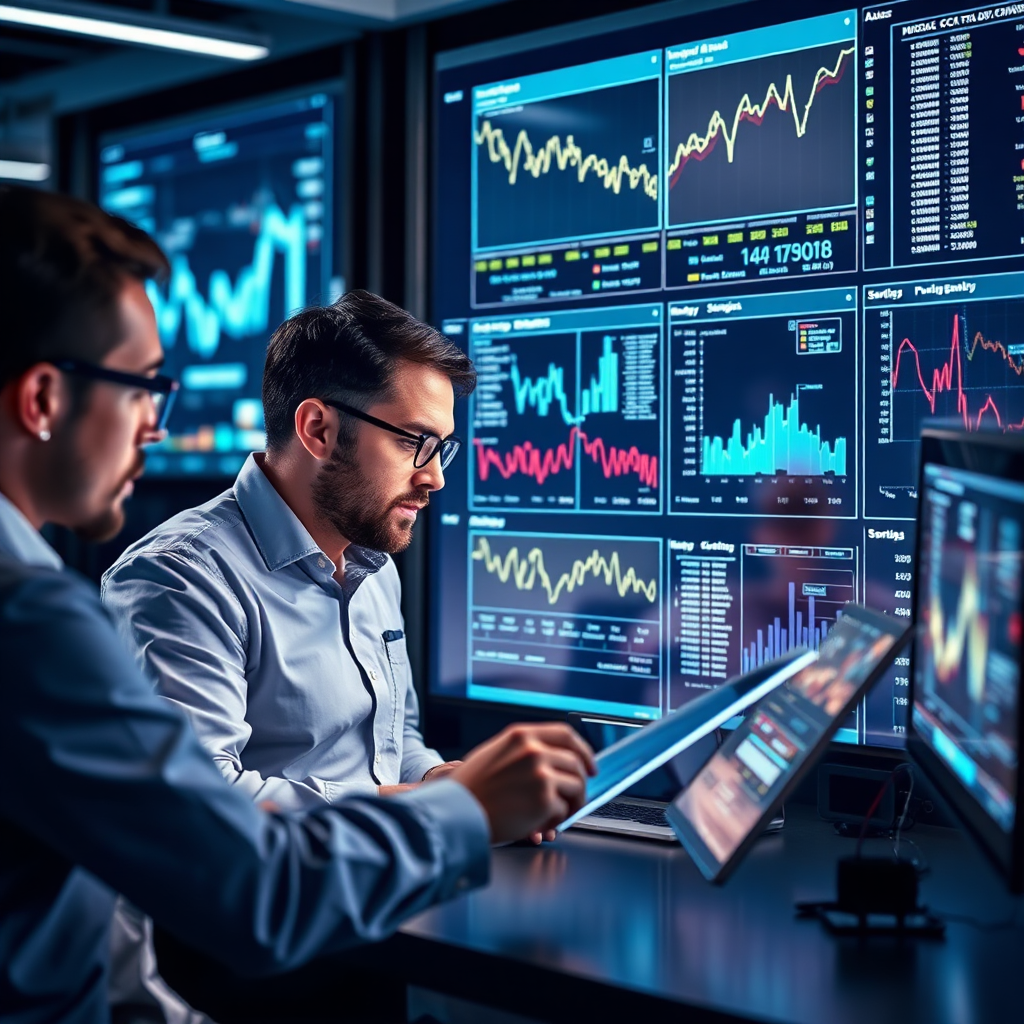 Visualize a team of data analysts meticulously examining complex data visualizations, searching for patterns and anomalies that indicate potential problems. The lighting should be focused and analytical, highlighting the data and the team's concentration. The color palette should be cool and professional, using blues, grays, and whites. The environment should be a modern, high-tech office space. Style: Modern, Analytical.