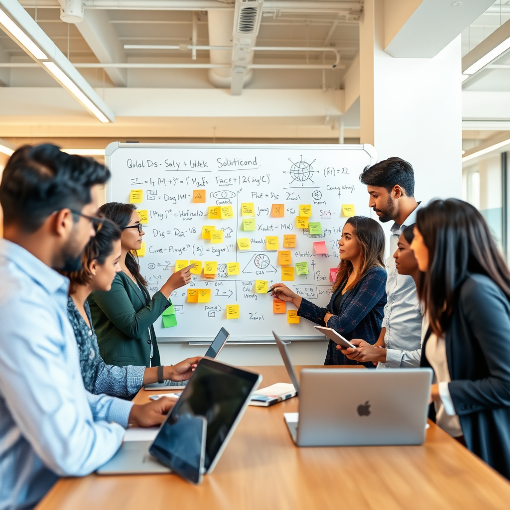  Visualize a team of diverse professionals collaboratively working around a whiteboard covered in sticky notes, diagrams, and equations. They are actively discussing and brainstorming solutions, with laptops and tablets scattered around them. The lighting should be bright and collaborative, creating a sense of energy and innovation. The color palette should be vibrant and optimistic, using blues, greens, and yellows. The environment should be a modern, open-plan office space. Style: Modern, Corporate.