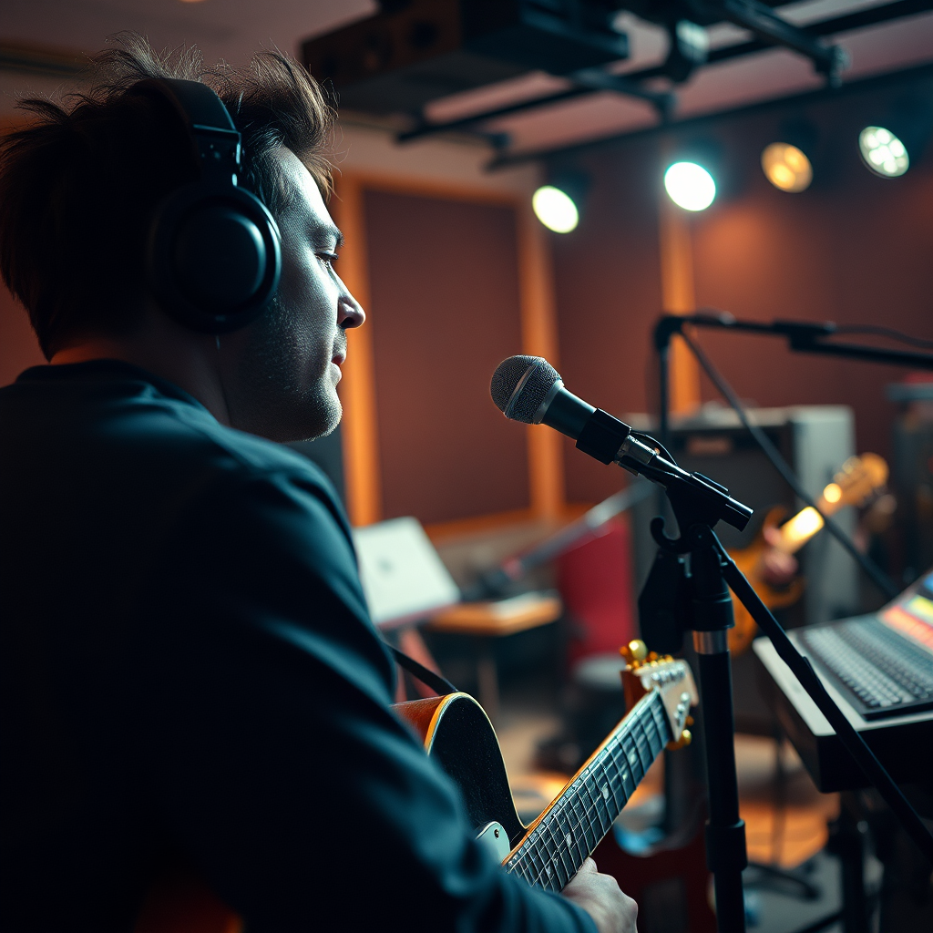 A close-up shot of an artist recording in a studio, showcasing their passion and dedication. Include instruments, mixing boards, and ambient lighting to enhance the atmosphere. Style: Documentary-style photography. Color Palette: Warm and intimate lighting. Technical Specs: 4K Resolution.